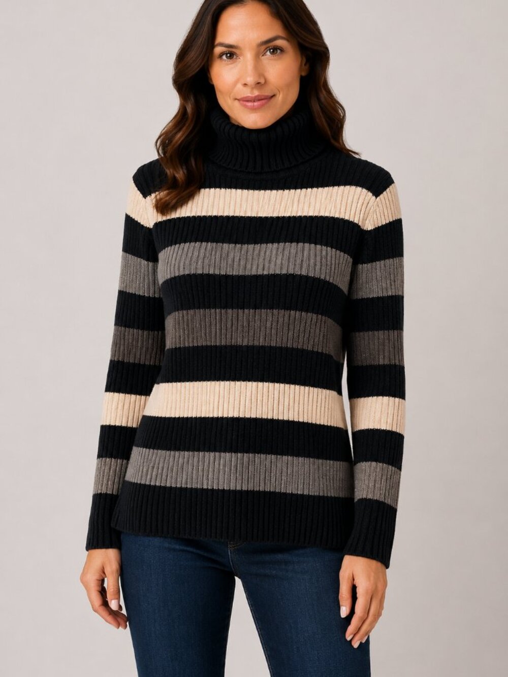 Sonoma Life + Style L 100% Cotton Ribbed Striped Turtleneck Sweater